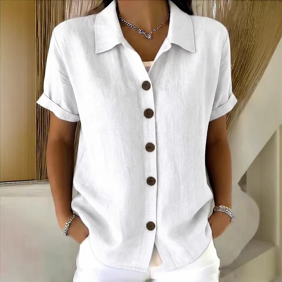 Women Summer Tops Lapel Short  - Linen Shirt Breathable 评论和价格