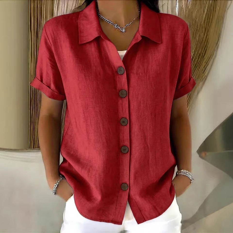 Women Summer Tops Lapel Short  - Linen Shirt Breathable 评论和价格