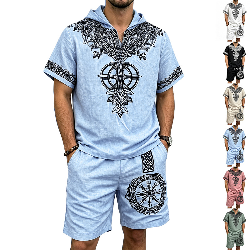 Men Linen Look Viking Tree Pri - Short Linen Drawstring 评论和价格